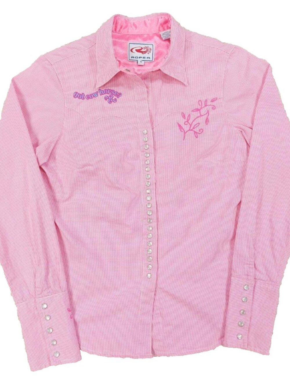 Roper Pink Pearl Snap Western Cowgirl Shirt XS, Embroidered Cow Horse, Yokes